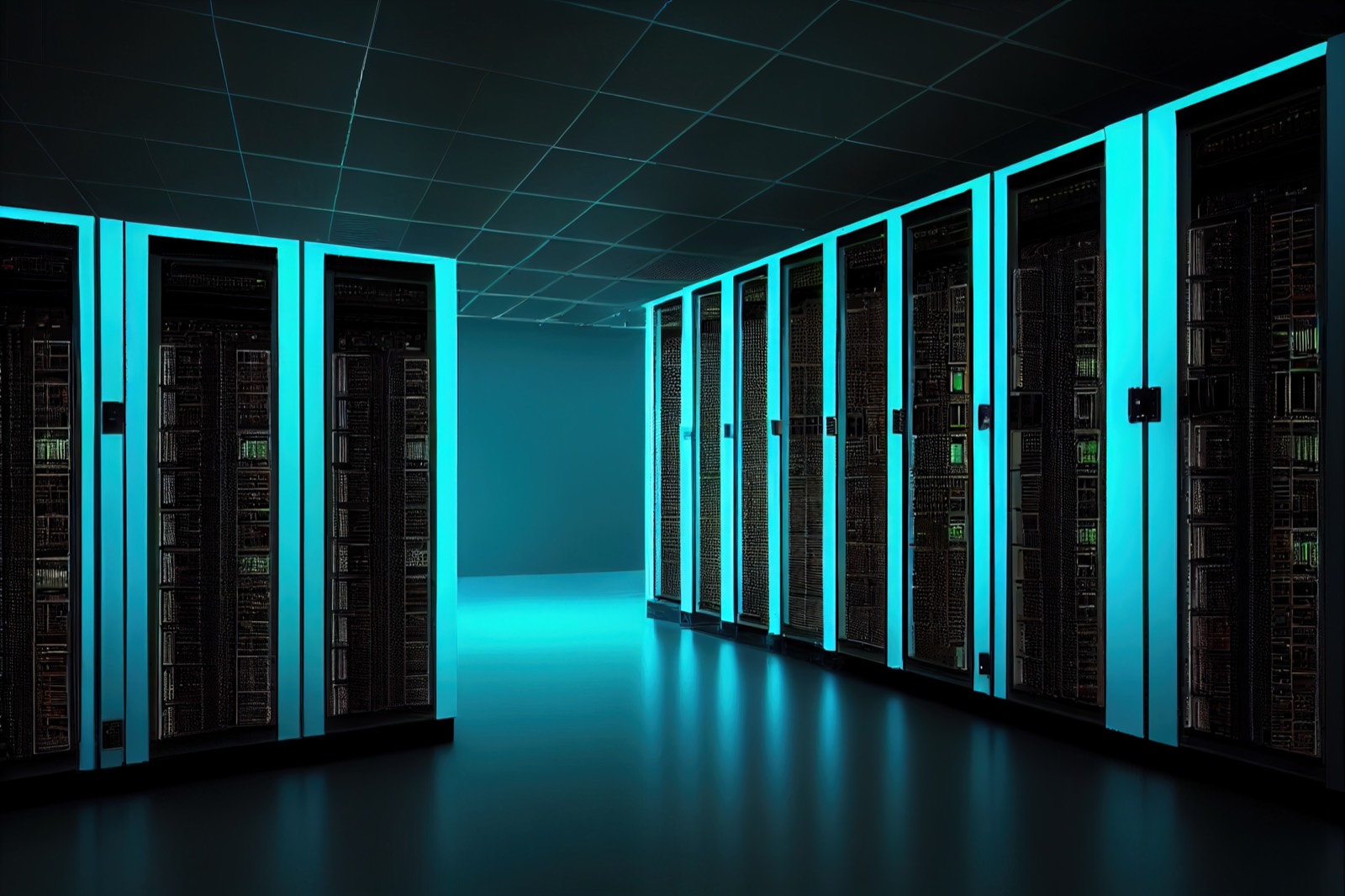 Servidores de un centro de datos con iluminación azul